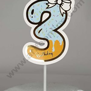 CAKE DECOR™ 3rd Birthday Blue Donut Theme with Bow Paper Topper For Cake And Cupcake ( SBMT-PT-03B )