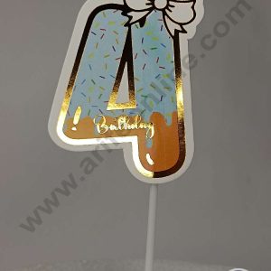 CAKE DECOR™ 4th Birthday Blue Donut Theme with Bow Paper Topper For Cake And Cupcake ( SBMT-PT-04B )