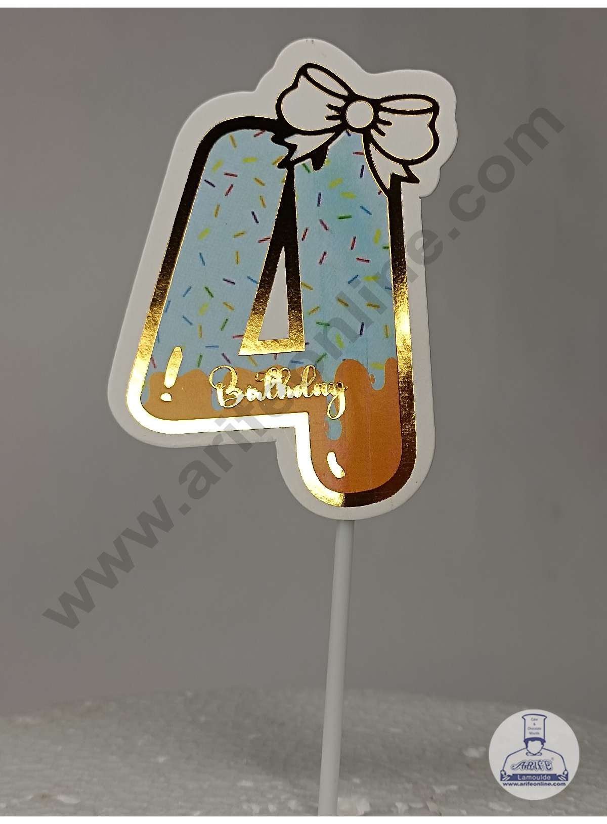 CAKE DECOR™ 4th Birthday Blue Donut Theme with Bow Paper Topper For Cake And Cupcake ( SBMT-PT-04B )