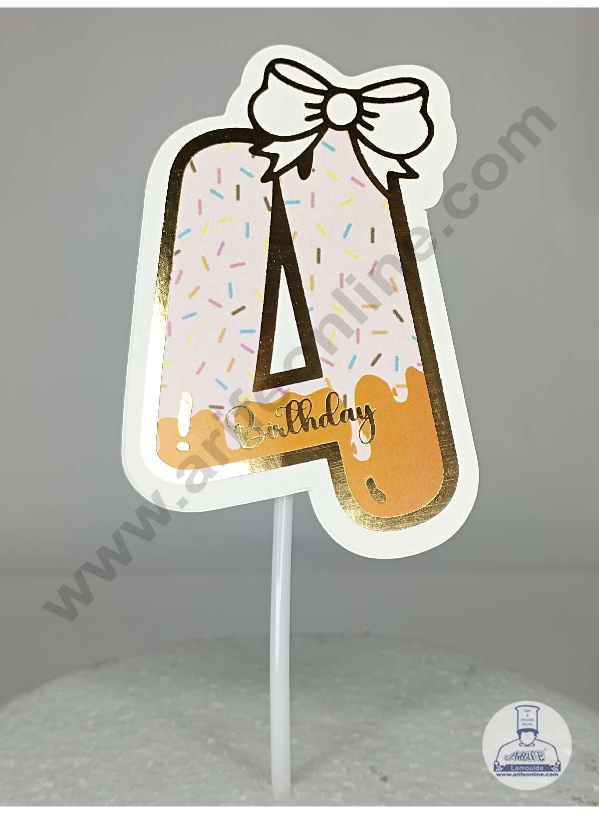 CAKE DECOR™ 4th Birthday Pink Donut Theme with Bow Paper Topper For Cake And Cupcake ( SBMT-PT-04P )