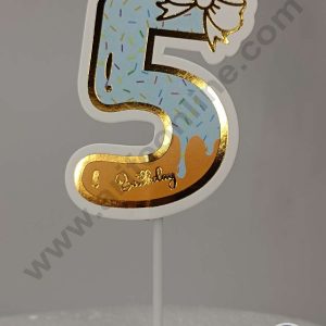 CAKE DECOR™ 5th Birthday Blue Donut Theme with Bow Paper Topper For Cake And Cupcake ( SBMT-PT-05B )