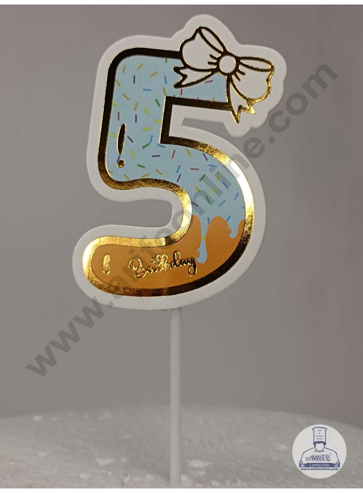 CAKE DECOR™ 5th Birthday Blue Donut Theme with Bow Paper Topper For Cake And Cupcake ( SBMT-PT-05B )
