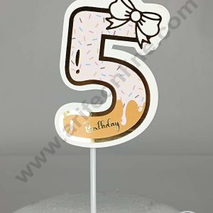 CAKE DECOR™ 5th Birthday Pink Donut Theme with Bow Paper Topper For Cake And Cupcake ( SBMT-PT-05P )