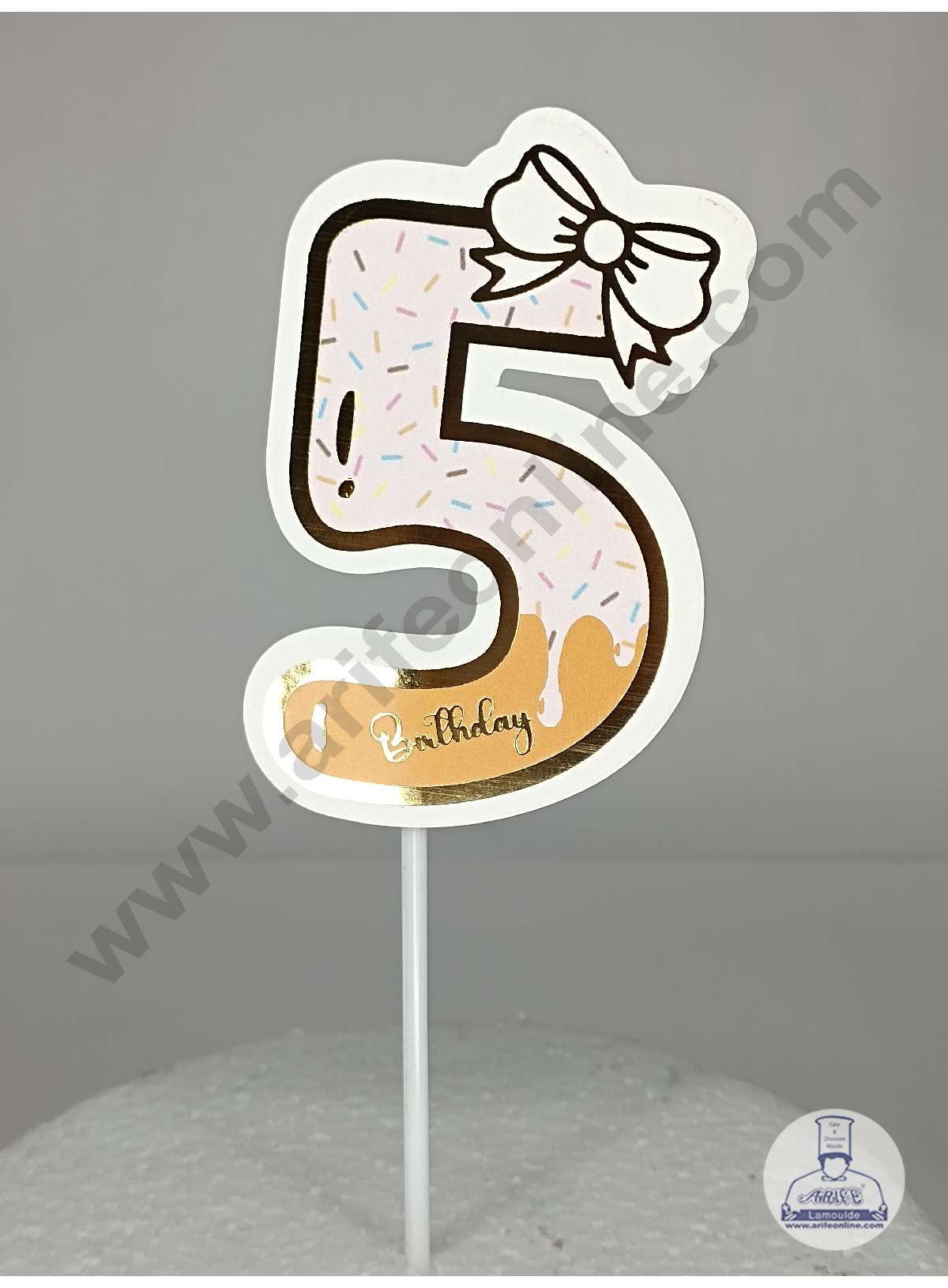 CAKE DECOR™ 5th Birthday Pink Donut Theme with Bow Paper Topper For Cake And Cupcake ( SBMT-PT-05P )