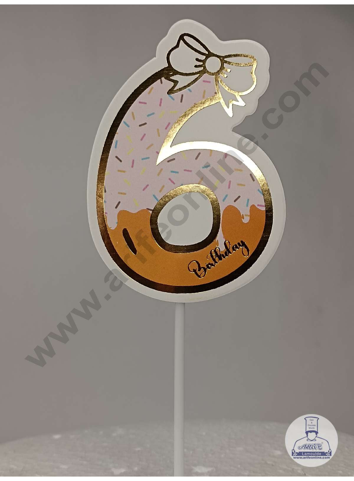 CAKE DECOR™ 6th Birthday Pink Donut Theme with Bow Paper Topper For Cake And Cupcake ( SBMT-PT-06P )
