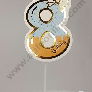 CAKE DECOR™ 8th Birthday Blue Donut Theme with Bow Paper Topper For Cake And Cupcake ( SBMT-PT-08B )