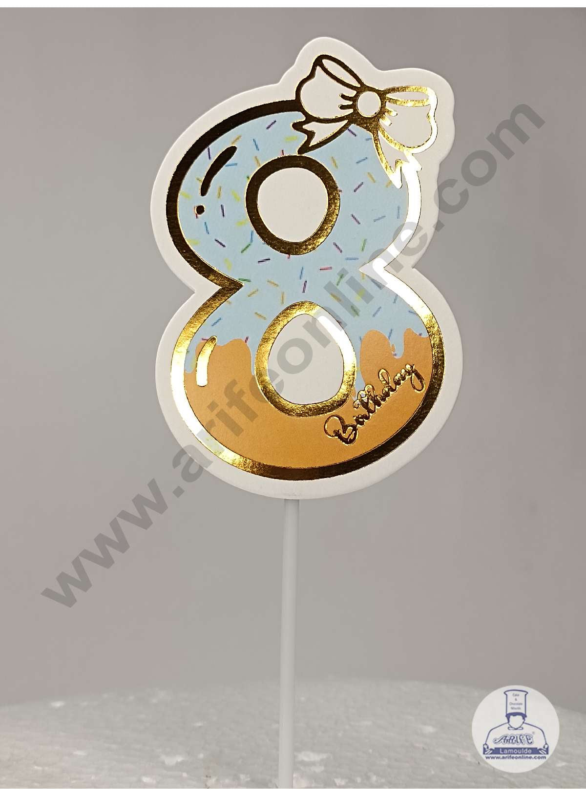 CAKE DECORβ’ 8th Birthday Blue Donut Theme with Bow Paper Topper For Cake And Cupcake ( SBMT-PT-08B )