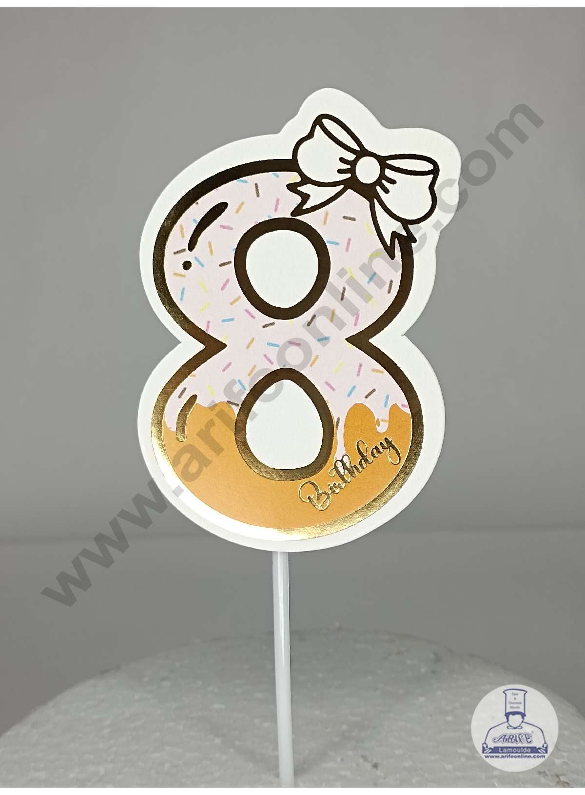 CAKE DECOR™ 8th Birthday Pink Donut Theme with Bow Paper Topper For Cake And Cupcake ( SBMT-PT-08P )