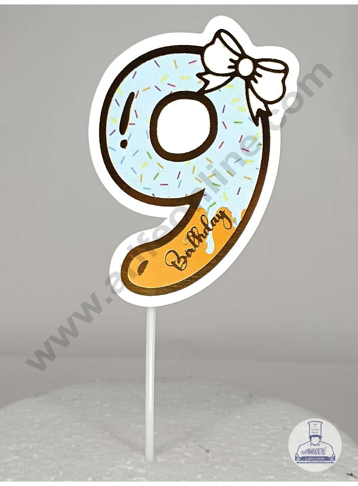 CAKE DECORβ’ 9th Birthday Blue Donut Theme with Bow Paper Topper For Cake And Cupcake ( SBMT-PT-09B )