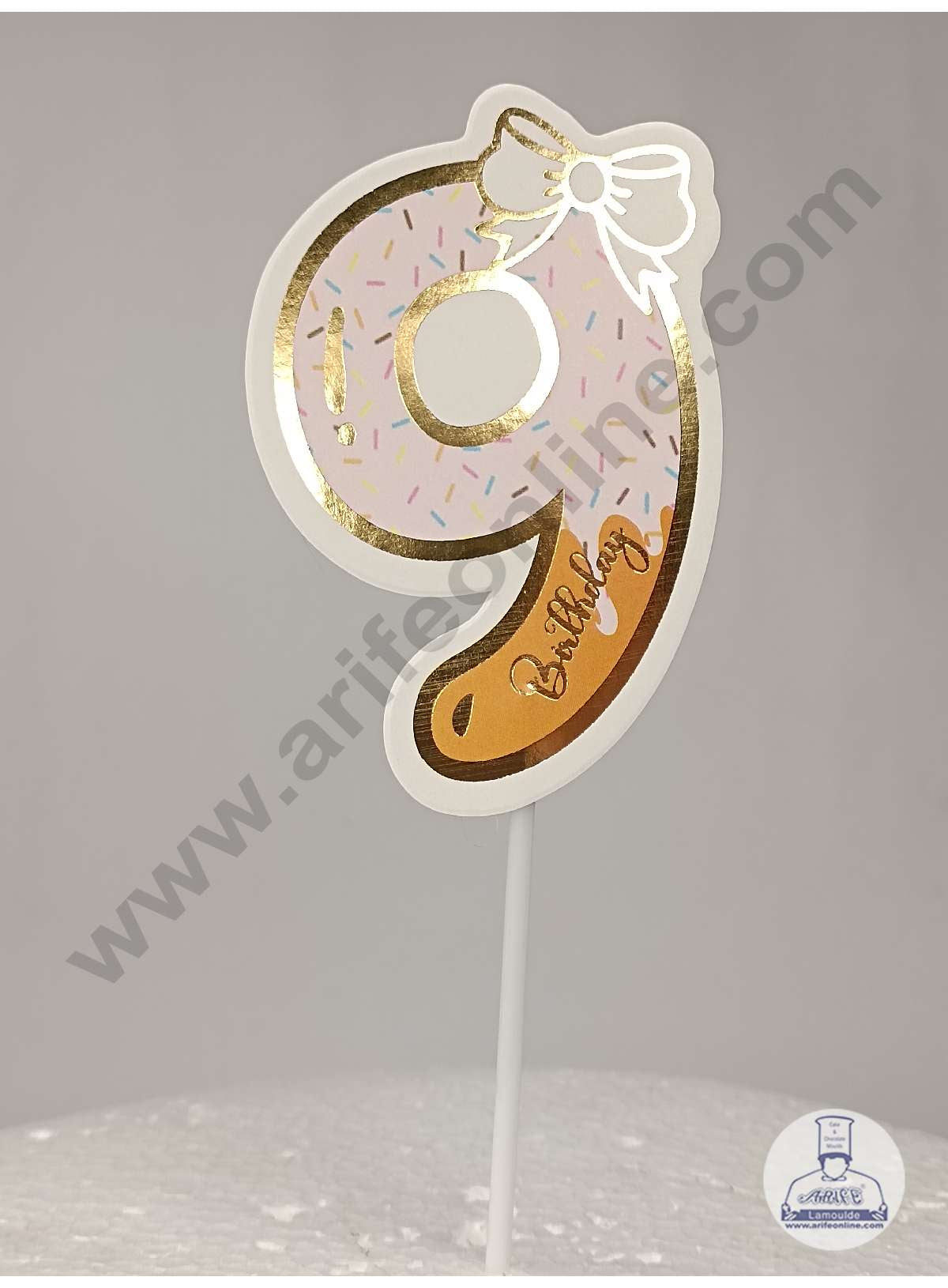 CAKE DECOR™ 9th Birthday Pink Donut Theme with Bow Paper Topper For Cake And Cupcake ( SBMT-PT-09P )