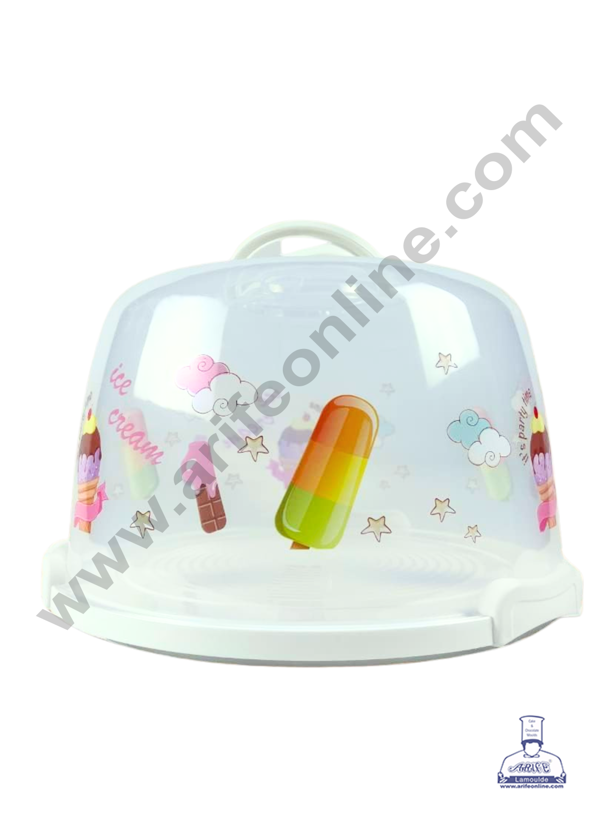 CAKE DECOR™ Multi-function Cake Case with Candy Print | Cake Carrier | Cake Keeper with Lid (Small) - White