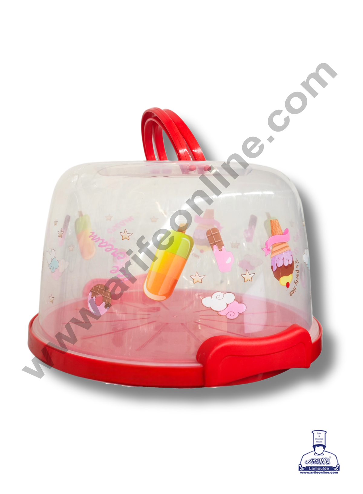 CAKE DECOR™ Multi-function Cake Case with Candy Print | Cake Carrier | Cake Keeper with Lid (Small) - Red