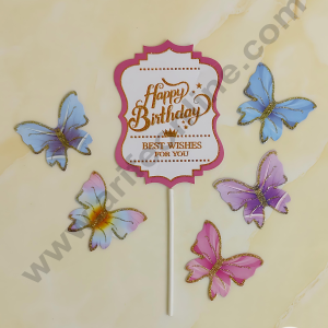 CAKE DECOR™ 6 pcs Pink Vintag Happy Birthday Day Tag with Multi Colour Glitter Butterfly Paper Topper For Cake And Cupcake