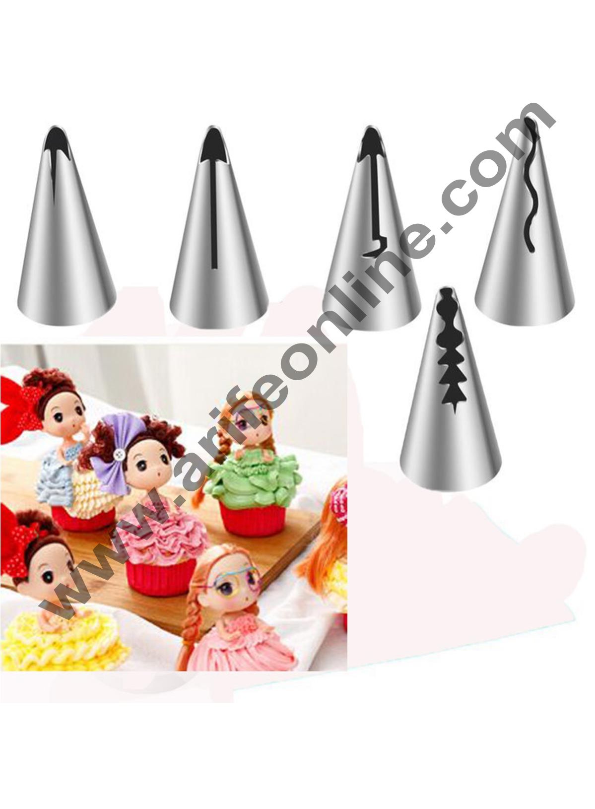 Cake Decor 5 Piece Cake Decorating Set Frosting Frill Nozzle Icing Piping Bag Tips With Steel Nozzles. Reusable & Washable.