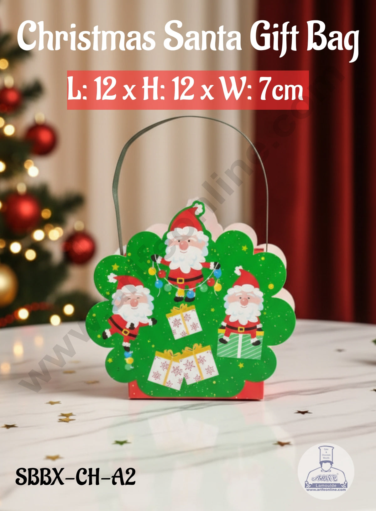 CAKE DECORβ’ Christmas Santa Gift Bag- 12X7X12 cm| Gift Bag with Handle (1 Pcs Pack) - Red & Green
