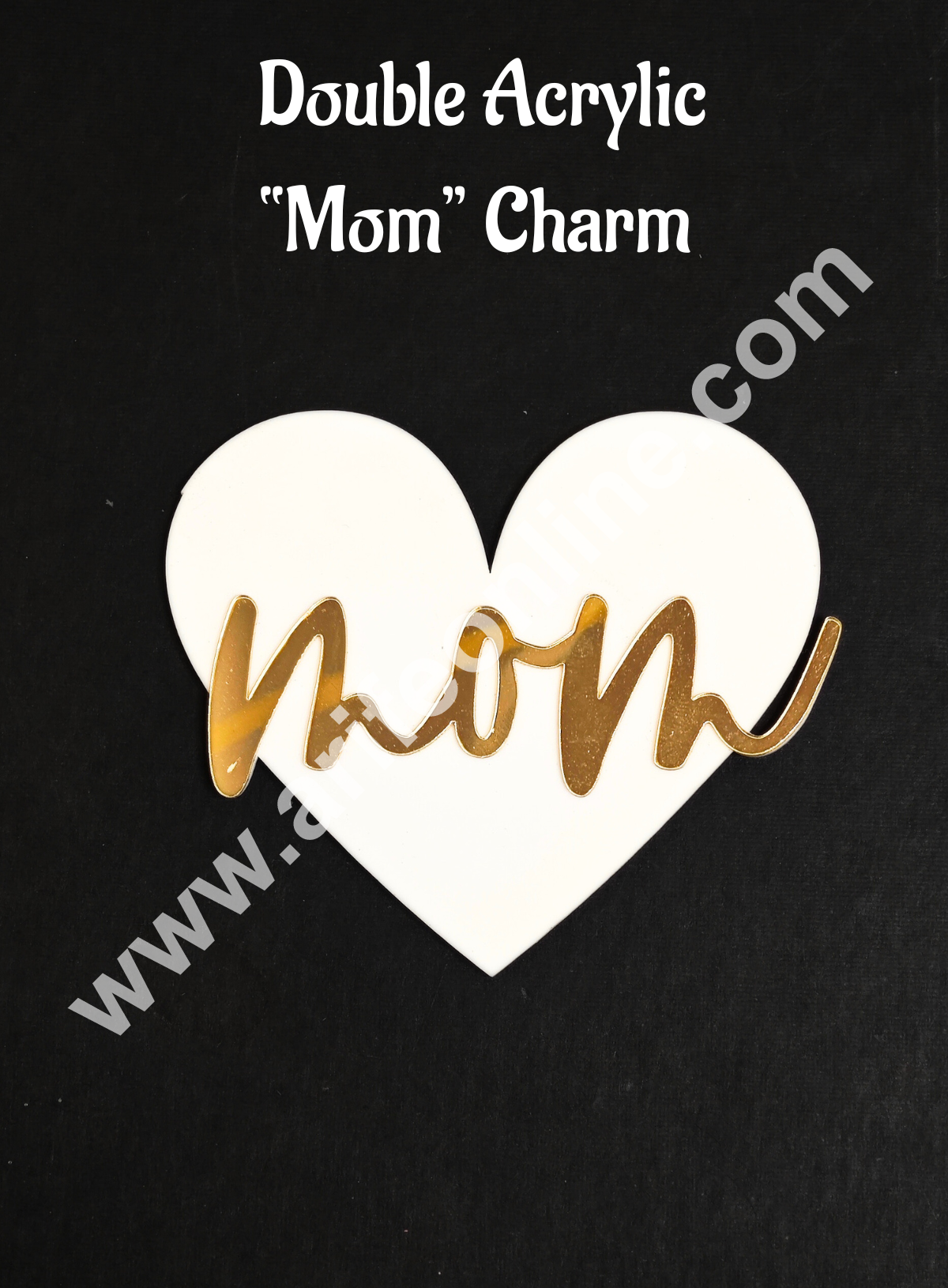 Double Acrylic MOM Charm with White Heart | Gold & White Acrylic Mom Topper