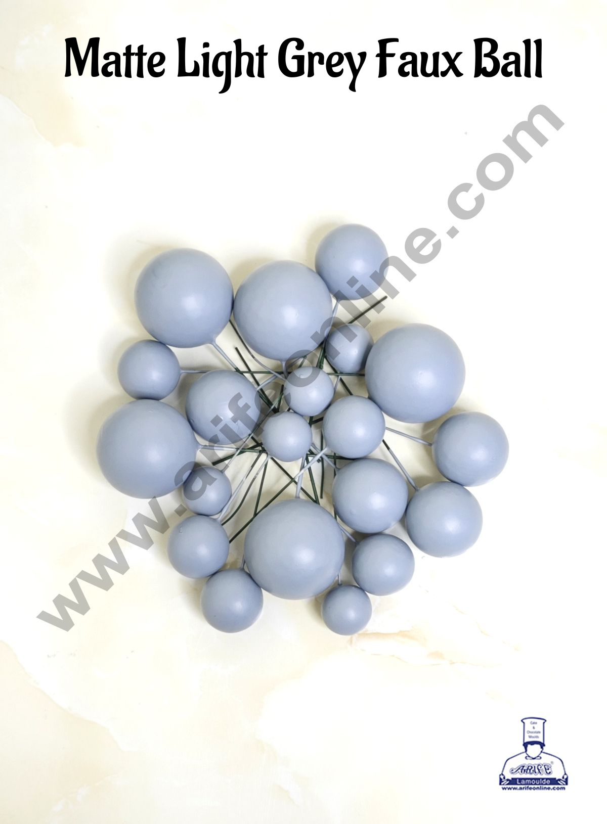 CAKE DECOR™ Matte Light Grey Faux Ball Topper For Cake and Cupcake Decoration - 20 pcs Pack