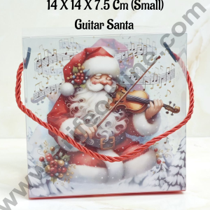CAKE DECOR™ Christmas Print Hamper Bag With Rope 14 X 14 X 7.5 Cm (Small) - Guitar Santa | Hamper Bag | Gift Box | Gift Bag with Handle (1 Pcs Pack)
