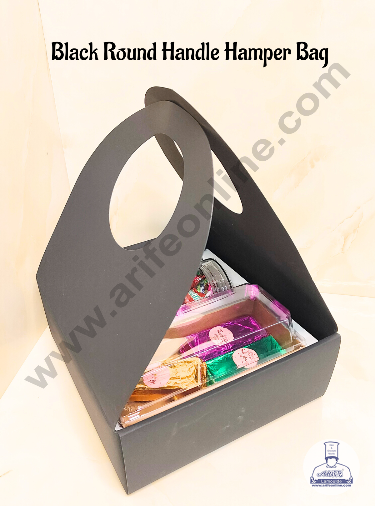 CAKE DECORโข Round Handle Hamper Box With Cavity (Black) | Gift Box | Gift Bag With Handle (1 Pc Pack)