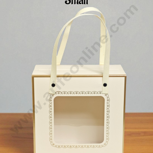 Small Cream Hamper Bag with Handle & Window β Hamper Box | 8 X 8 X 4 | 1 pc pack - CAKE DECORβ’