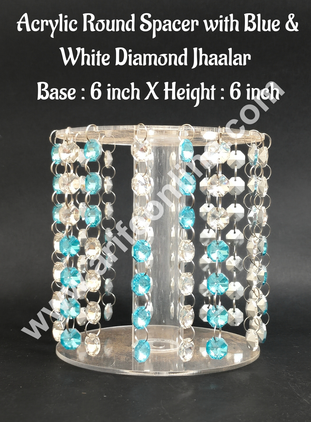 CAKE DECORβ’ 6-Inch Acrylic Round Spacer with Blue & White Diamond Jhaalar | Elegant Cake & Cupcake Decoration Stand/Spacer
