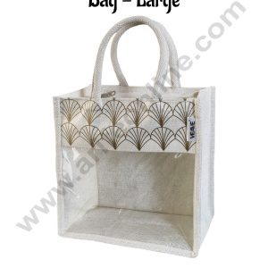 Golden Fan Printed With Transparent Front Jute Hamper Carry Bag - Large - CAKE DECORβ’