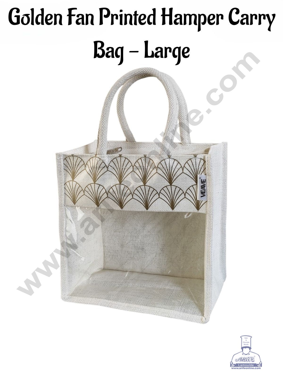 Golden Fan Printed With Transparent Front Jute Hamper Carry Bag - Large - CAKE DECOR™