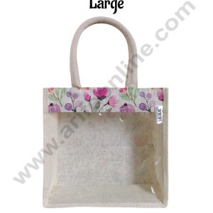 Floral Printed With Transparent Front Jute Hamper Carry Bag - Large - CAKE DECORβ’