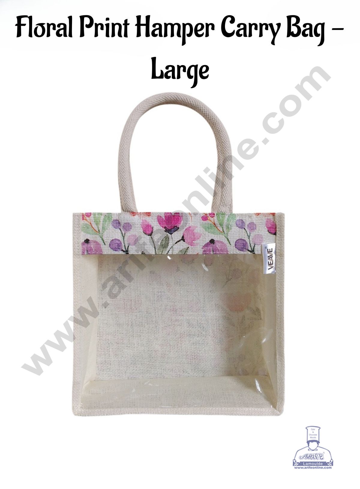 Floral Printed With Transparent Front Jute Hamper Carry Bag - Large - CAKE DECOR™