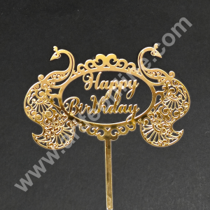 5 inch Golden Acrylic Happy Birthday With Peacock Design Cut-Out Cake Topper Cake Decoration Dessert Decoration - CAKE DECORβ’