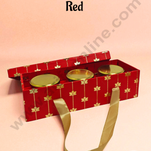 Red 3 Jar Cavity Hamper Box with Gold Lotus Design & Ribbon Handle | 34 X 12 X 9 cm | 1 pc - CAKE DECORβ’