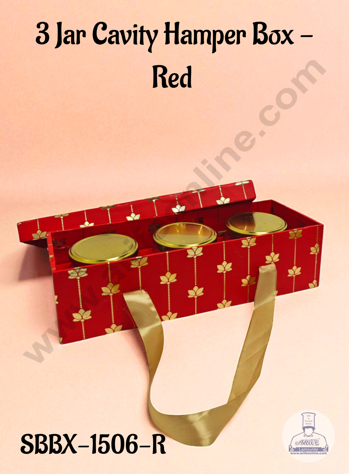 Red 3 Jar Cavity Hamper Box with Gold Lotus Design & Ribbon Handle | 34 X 12 X 9 cm | 1 pc - CAKE DECOR™