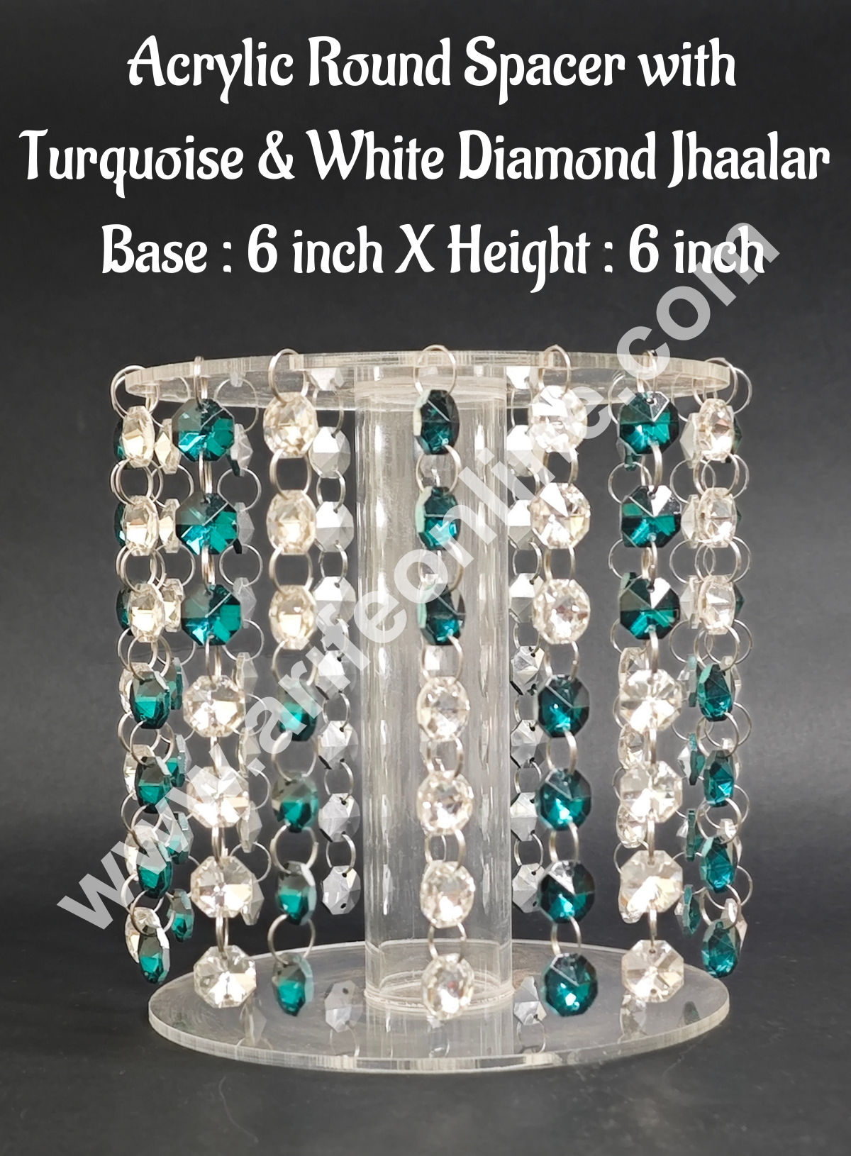 CAKE DECORβ’ 6-Inch Acrylic Round Spacer with Turquoise & White Diamond Jhaalar | Elegant Cake & Cupcake Decoration Stand/Spacer