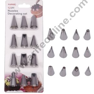 Cake Decor 12 Small Piece Stainless Steel Cake Decorating Set Tips with Steel Nozzles. Reusable & Washable.