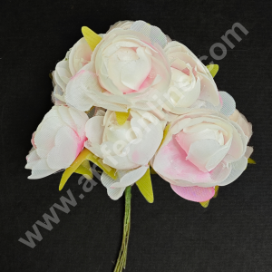 CAKE DECOR™  Small Peony Artificial Flower Bunch For Cake Decoration –White & Pink ( 6 pc pack )