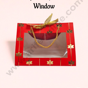 Red Triangle Hamper Box with Window – Gold Lotus Print & Rope Handle | 19 x 16 x 15 cm | 1 pc (SBBX-D-1509-R)  - CAKE DECOR™