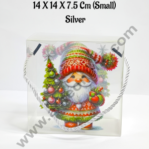 CAKE DECOR™ Christmas Print Hamper Bag With Rope 14 X 14 X 7.5 Cm (Small) - Silver | Hamper Bag | Gift Box | Gift Bag with Handle (1 Pcs Pack)