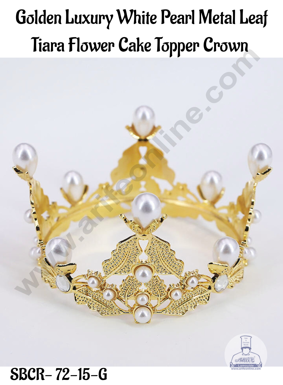 CAKE DECOR™ Golden Luxury Pearl Metal Leaf Tiara Cake Flower Crown - SBCR-72-15-G