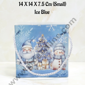 CAKE DECOR™ Christmas Print Hamper Bag With Rope 14 X 14 X 7.5 Cm (Small) - Ice Blue | Hamper Bag | Gift Box | Gift Bag with Handle (1 Pcs Pack)