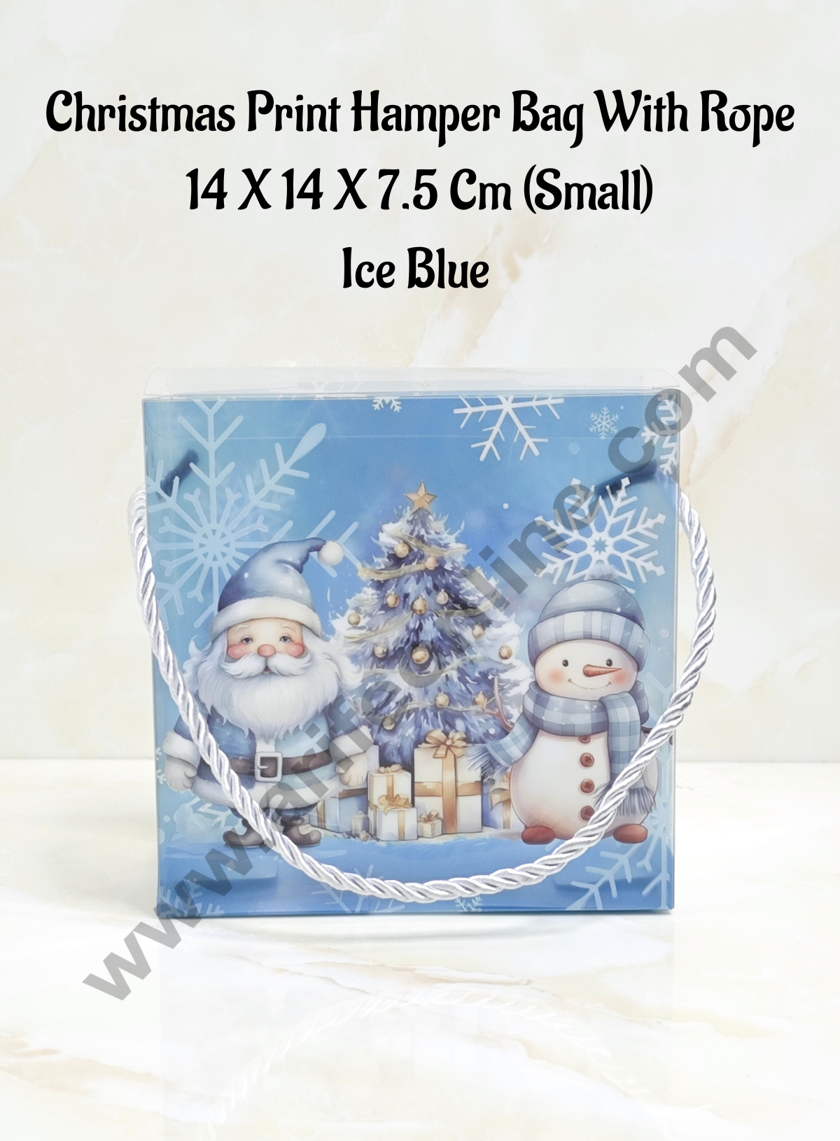 CAKE DECOR™ Christmas Print Hamper Bag With Rope 14 X 14 X 7.5 Cm (Small) - Ice Blue | Hamper Bag | Gift Box | Gift Bag with Handle (1 Pcs Pack)