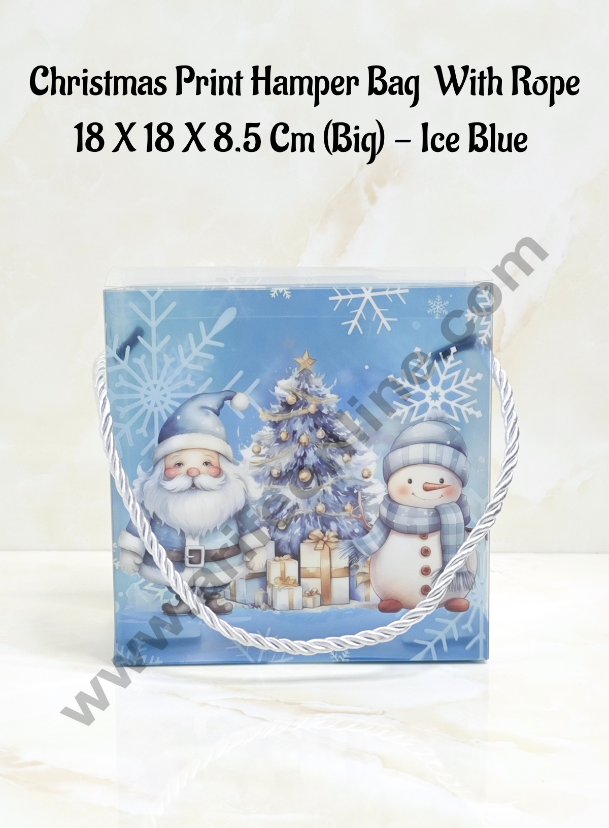 CAKE DECOR™ Christmas Print Hamper Bag With Rope 18 X 18 X 8.5 Cm (Big) - Ice Blue | Hamper Bag | Gift Box | Gift Bag with Handle (1 Pcs Pack)
