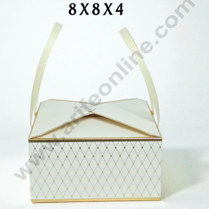 Small Cream Luxury Hamper Box with Handles | 8 x 8 x4 Premium Gifting Box | Decorative Packaging Box | 1 Pc Pack - CAKE DECOR™