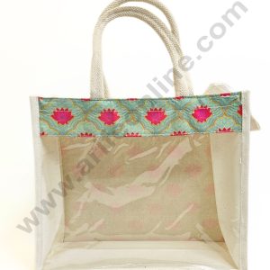 Lotus Printed With Transparent Front Jute Hamper Carry Bag - XL - CAKE DECORβ’