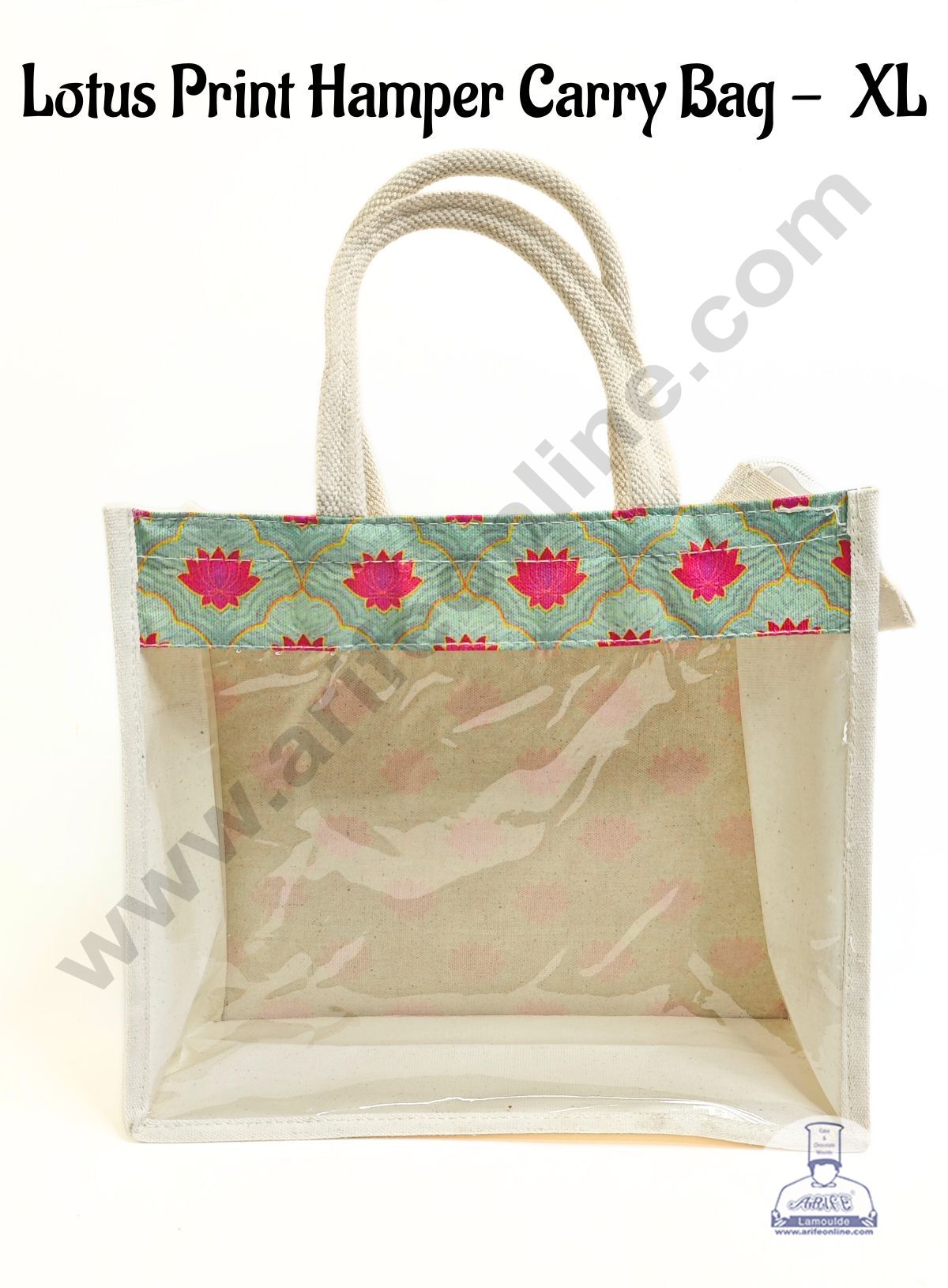 Lotus Printed With Transparent Front Jute Hamper Carry Bag - XL - CAKE DECORβ’