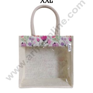 Floral Printed With Transparent Front Jute Hamper Carry Bag - XXL - CAKE DECORβ’