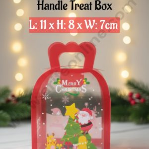 CAKE DECOR™"Merry Christmas" Transparent Handle Treat Box- L: 11 x H: 8 x W: 7cm | Gift Bag with Handle (10 Pcs Pack)