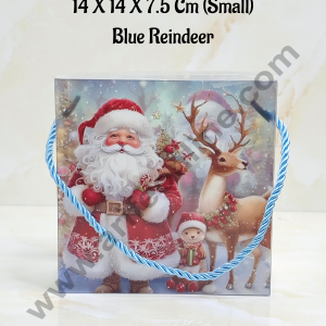CAKE DECOR™ Christmas Print Hamper Bag With Rope 14 X 14 X 7.5 Cm (Small) Blue Reindeer | Hamper Bag | Gift Box | Gift Bag with Handle (1 Pcs Pack)