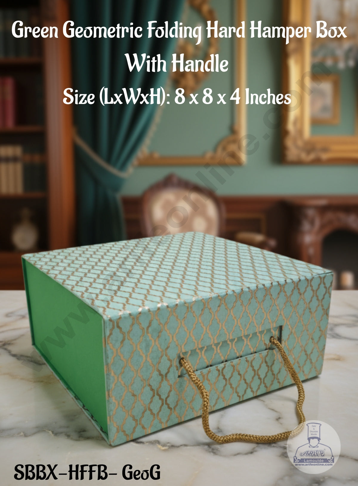CAKE DECOR™ Green Geometric Folding Hard Hamper Box With Handle | Gift Box | Present Box - 1 Pc | SBBX-HFFB-GeoG|