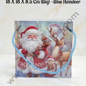 CAKE DECOR™ Christmas Print Hamper Bag With Rope 18 X 18 X 8.5 Cm (Big) - Blue Reindeer | Hamper Bag | Gift Box | Gift Bag with Handle (1 Pcs Pack)