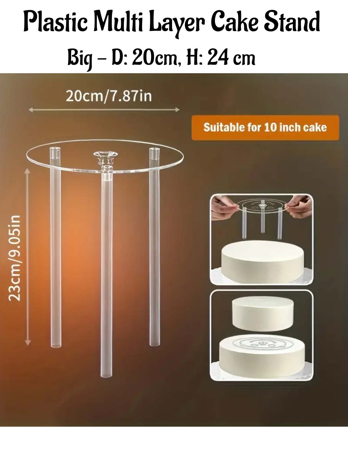 CAKE DECORβ’ Big 20 cm Acrylic Cake Separator | Tier Cake Separator Plates with 3 Straws | Multi-Layer Cake Separator Stand
